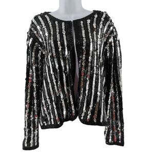 Vintage Striped Wool Cardigan with Hand Embellished in Black & Silver Beads/Sequ